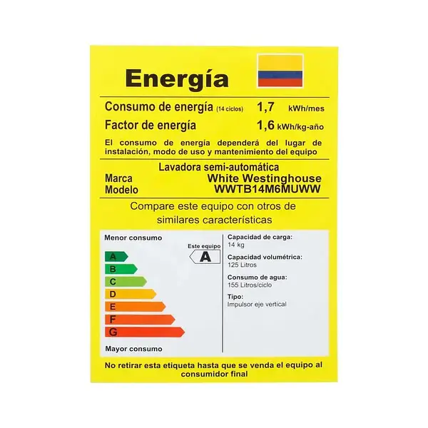Lavadora Semiautomática Westinghouse 14 Kg Doble Tina