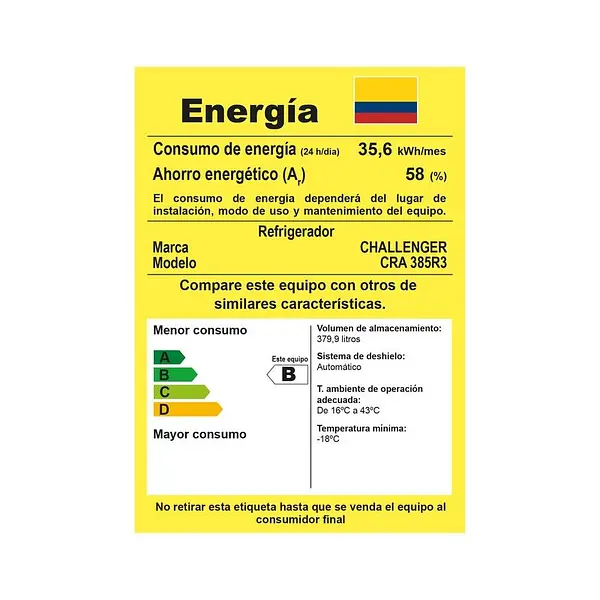 Nevera Challenger No Frost 385 Lts Brutos Cra 385
